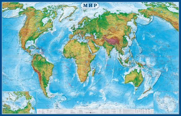 Карта Мир физическая с границами государств + матовая