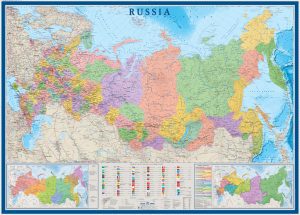 Карта Россия политико-административная с флагами субъектов рф на англ. яз.