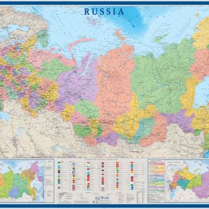Карта Россия на англ. яз. Политико-административная с флагами субъектов рф
