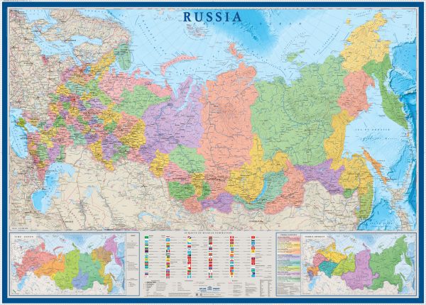 Карта Россия политико-административная с флагами субъектов рф на англ. яз.