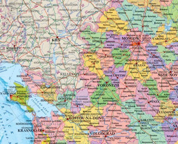 Карта Россия на англ. яз. Политико-административная с флагами субъектов рф